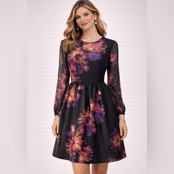 Taylor Dresses & Skirts - Taylor Dress 12 Black Plum Pink Floral Sheer Long Sleeve A Line Stretch NEW